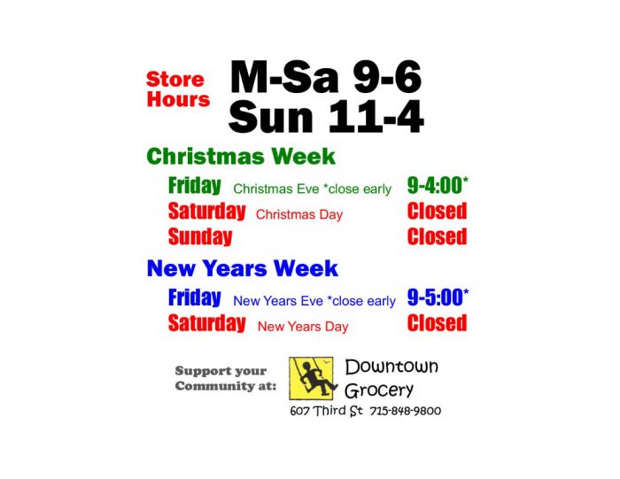 Downtown Grocery 2021 Holiday Store Hours